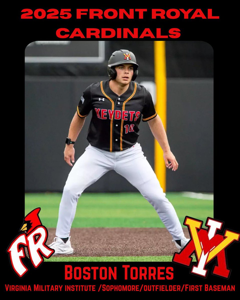 FRCardinals's tweet photo. 🔥Summer heat incoming🔥
Boston Torres, sophomore OF/1B from VMI, is suiting up for the Front Royal Cardinals this summer. Big swings, big plays, all season long.⚾️🏟️
#frontroyalcardinals #TorresTime #vmibaseball https://t.co/8OHV7YyDPp