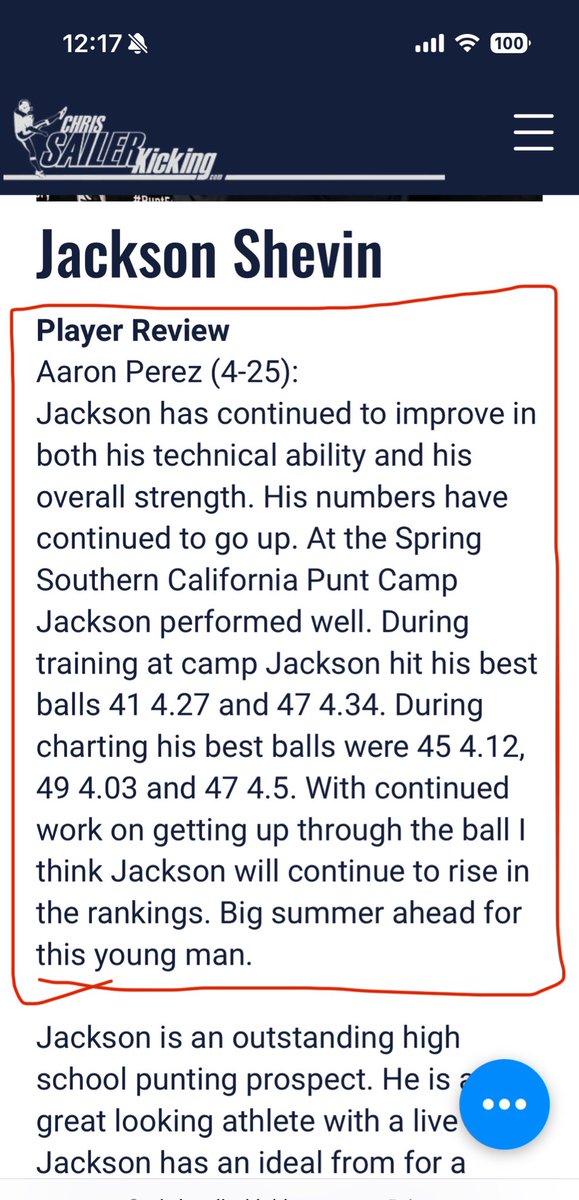 Jackson Shevin (@jacksonshevin) on Twitter photo Really appreciate the new write up from <a href="/ThePuntFactory/">Aaron Perez</a> after having a great day at camp last Sunday! Hit a bunch of big punts all day!
<a href="/MiraCostaFB/">Mira Costa Football</a> <a href="/GP_Recruiting/">GamePlan Recruiting</a> <a href="/Hunterh24/">Hunter Holmes</a> <a href="/Coach_MThompson/">Matt Thompson</a> <a href="/CoachJBrown7/">James Brown</a> <a href="/CSKRECRUITING/">Chris Sailer Kicking Consulting</a> <a href="/Chris_Sailer/">Chris Sailer Kicking</a> Really appreciate the new write up from <a href="/ThePuntFactory/">Aaron Perez</a> after having a great day at camp last Sunday! Hit a bunch of big punts all day!
<a href="/MiraCostaFB/">Mira Costa Football</a> <a href="/GP_Recruiting/">GamePlan Recruiting</a> <a href="/Hunterh24/">Hunter Holmes</a> <a href="/Coach_MThompson/">Matt Thompson</a> <a href="/CoachJBrown7/">James Brown</a> <a href="/CSKRECRUITING/">Chris Sailer Kicking Consulting</a> <a href="/Chris_Sailer/">Chris Sailer Kicking</a>