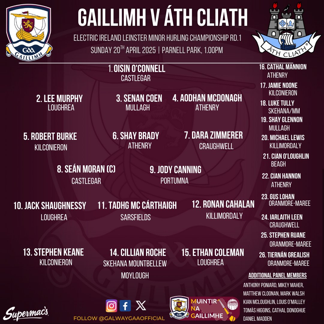 Galway_GAA's tweet photo. 🔊TEAM NEWS 🔊
Our Minor Hurlers begin their Leinster Hurling Championship campaign on Easter Sunday with a trip to Parnell Park to face Dublin.

🕐 Game throws in at 1pm.
📻 Commentary on Galway Bay FM

Buy Match Tickets ⤵️
https://t.co/HHl0t21wcM

Best of Kenneth Burke, Team Management and our Minor Hurling Squad for the season ahead!

#riseofthetribes
#gaillimhabú