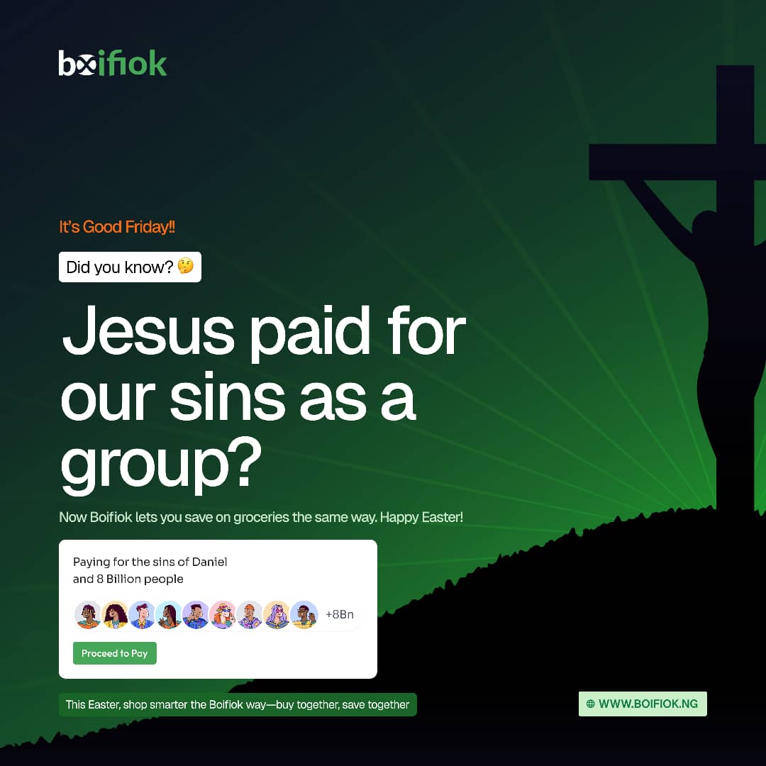 useboifiok's tweet image. Jesus paid for our sins as a group—now Boifiok lets you save on groceries the same way. 
Happy Easter!
Payment modal: &quot;1 payment covering Daniel + 8 billion people&quot;