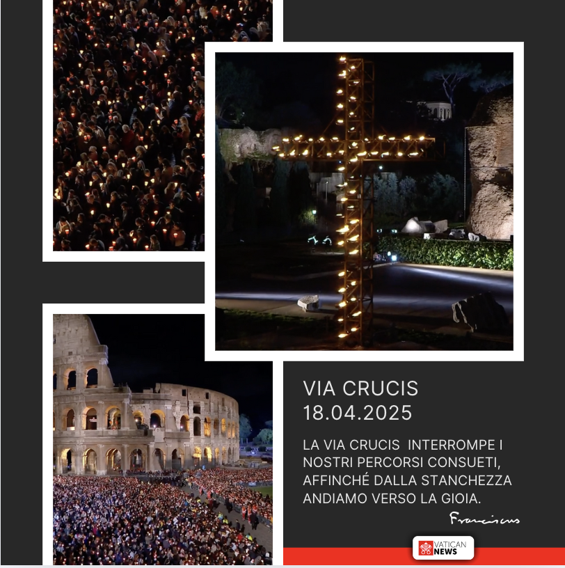vaticannews_it's tweet image. &quot;La #ViaCrucis  è la preghiera di chi si muove. Interrompe i nostri percorsi consueti, affinché dalla stanchezza andiamo verso la gioia&quot; 
#PapaFrancesco
▶️ vaticannews.va/it
