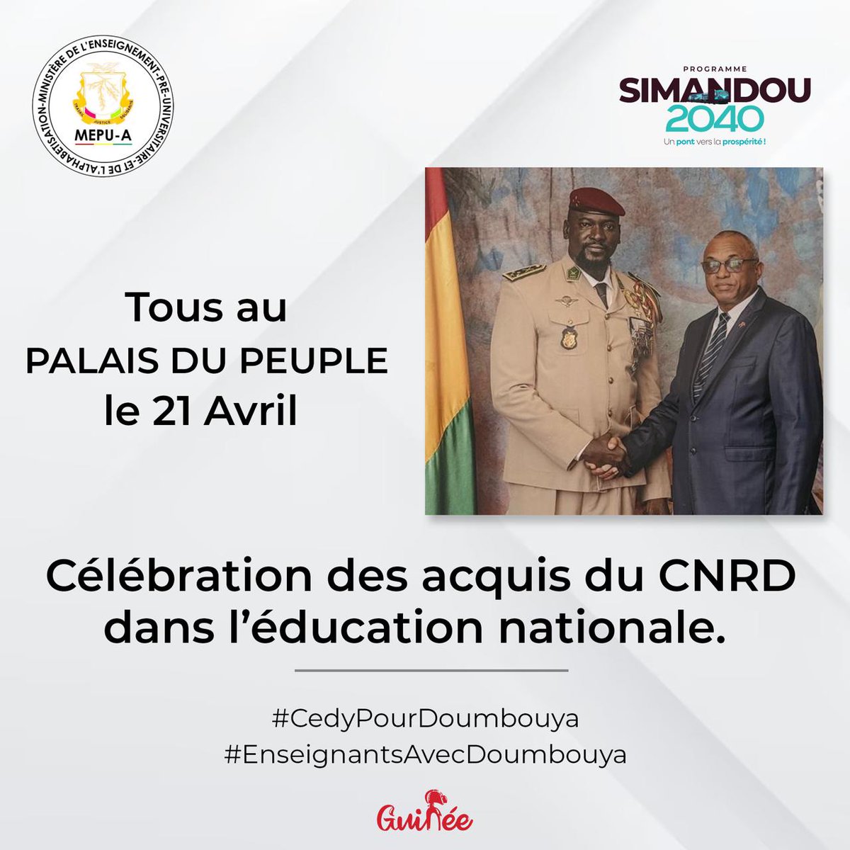 Une mobilisation historique des enseignants de Guinée se prépare ce 21 avril à l’initiative du Ministre #JeanPaulCedy pour soutenir le #CNRD et son Président. Un signal fort pour l’avenir de l’éducation !
<a href="/djisanfina/">Djiba DIAKITÉ</a> <a href="/Presidence_gn/">Présidence de la Guinée</a>

#CNRDPourLEducation #Doumbouya2025