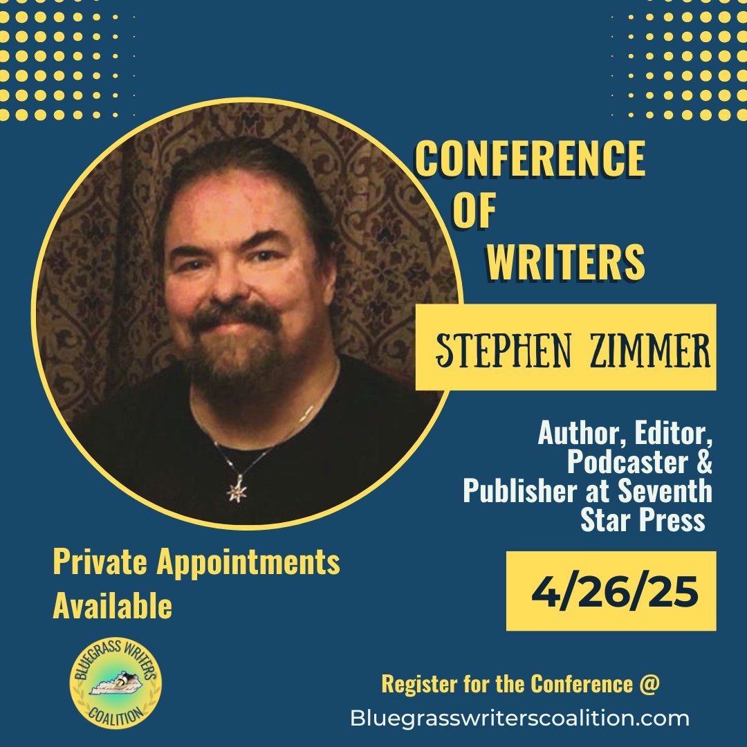 BluegrassWrite1's tweet image. Look who's coming to the Conference of Writers! Want to talk to a professional editor? Stephen will be taking private appointments! And his books will be for sale in the conference bookstore. It's not too late to join us! bluegrasswriterscoalition.com/conference/
