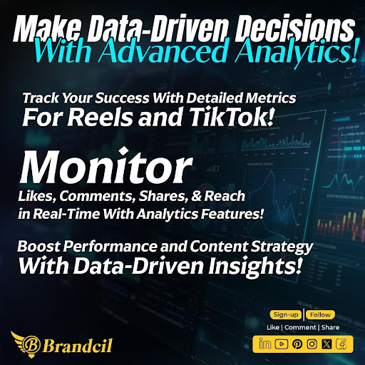 Brandcil1's tweet photo. Make Smarter Moves with Data-Driven Insights!
Want to boost your social media performance? Brandcil’s Advanced Analytics empowers you to:

✅ Track Success – Get detailed metrics for Reels & TikTok in real time.
✅ Monitor Engagement – Stay on top of likes, comments, shares, & reach with powerful analytics.
✅ Optimize Your Strategy – Leverage data-driven insights to enhance performance & growth.
✅ Don’t just guess—analyze, optimize, and dominate!
Sign up today: https://t.co/c8YJ9nct7A
Like | Comment | Share

#Brandcil #SocialMediaMarketing #AdvancedAnalytics #ContentStrategy #DataDrivenGrowth #Reels #TikTokMarketing