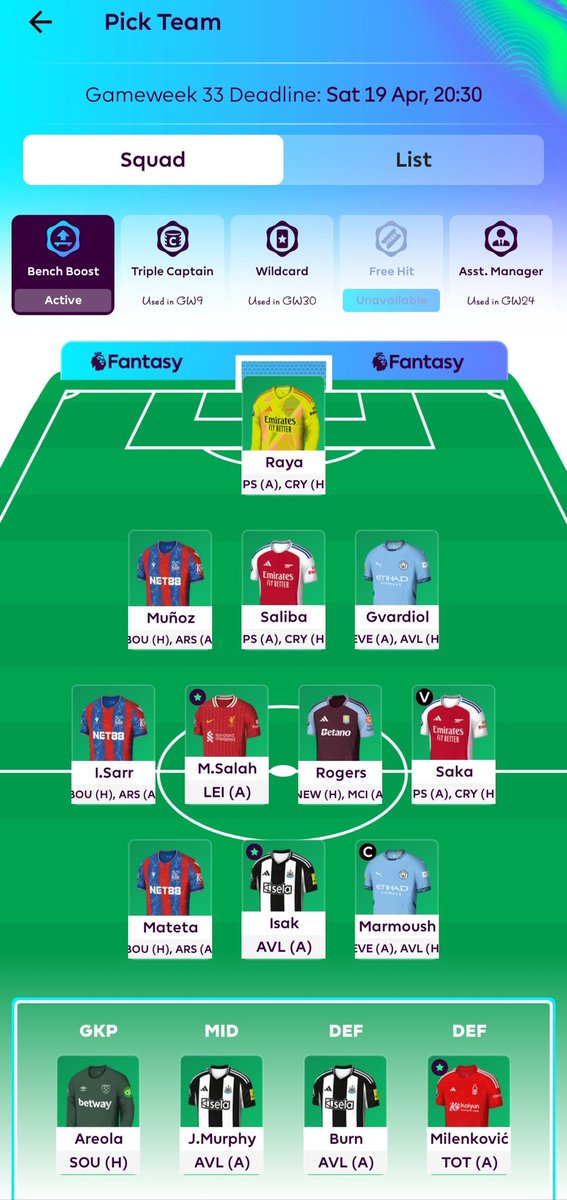 ZeeDMN's tweet photo. @GameweekGuru Congrats for your achievement this season. Below are my current team and BB activated with 1FT. Should I transfer KDB in to replace single gw players? https://t.co/8eiBhPRM3y