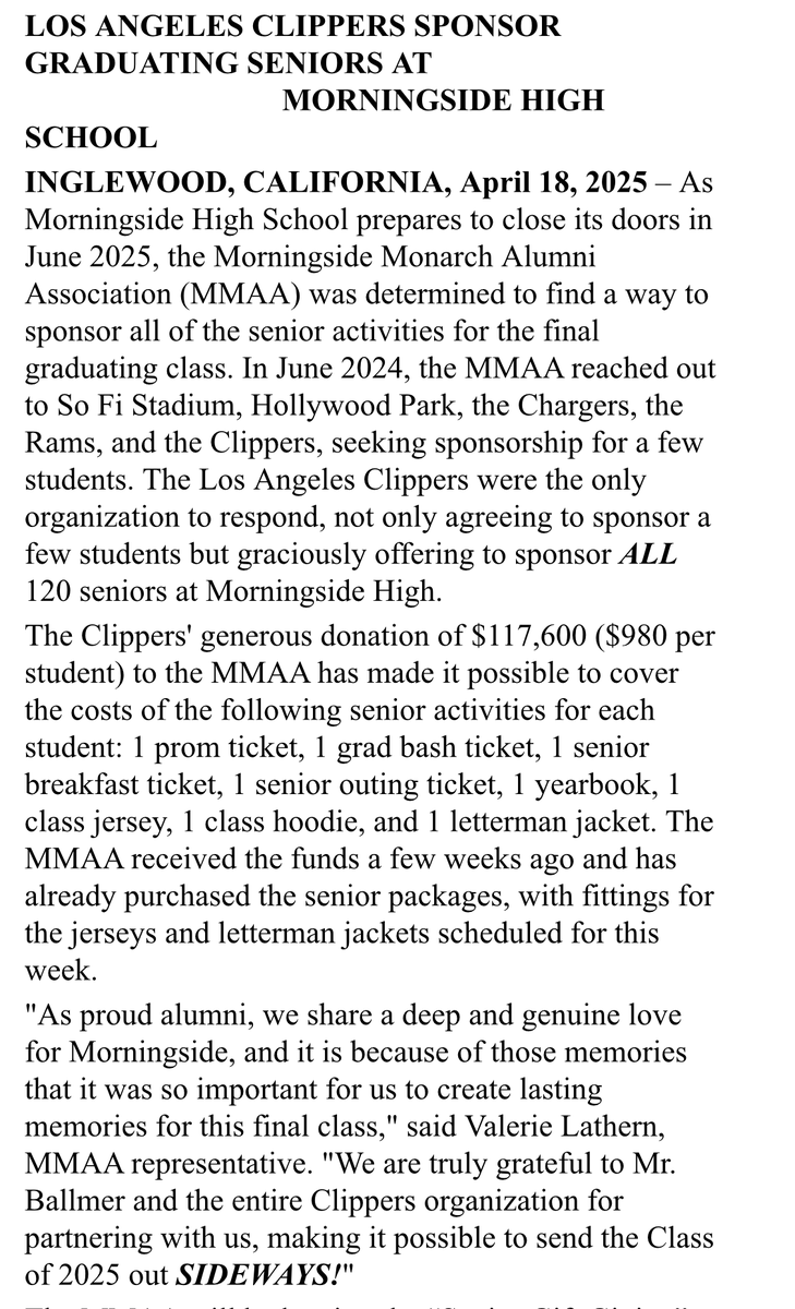 The final graduating class of 120 seniors at Morningside High School has found a sponsor for its senior activities. The Clippers and Steve Ballmer. Giving back to the community.