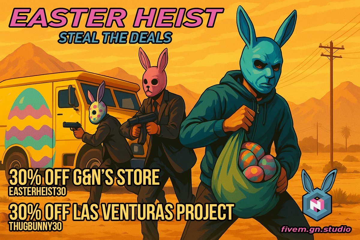 GNStudio_Team's tweet photo. 💥 The Easter Heist is On! 💥
Hop on these exclusive Easter offers before they vanish until Sunday at midnight (00:00)

🔸30% off at G&N's Studio Store with code EASTERHEIST30
https://t.co/xFekPjpjaj
🔸30% off on Las Venturas Subscription with code THUGBUNNY30
https://t.co/v0cDyQxThX

Wishing you all a Happy Easter from G&N's Studio 🐣
