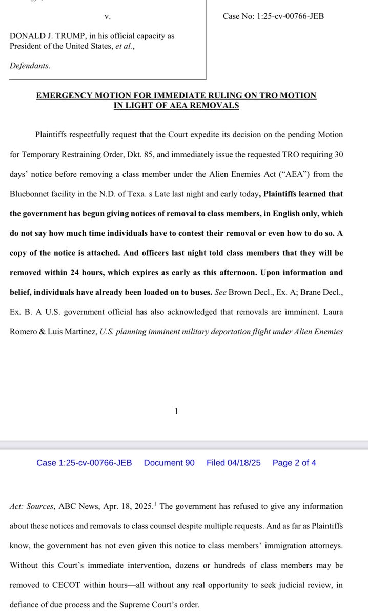 kyledcheney's tweet photo. JUST IN: Lawyers for Venezuelan nationals say they’re being loaded onto buses this hour in anticipation of a new wave of Alien Enemies Act deportations, w less than 24 hours notice. They’re asking Judge Boasberg for an immediate restraining order requiring 30 days notice. https://t.co/gy6hwmtZ9T