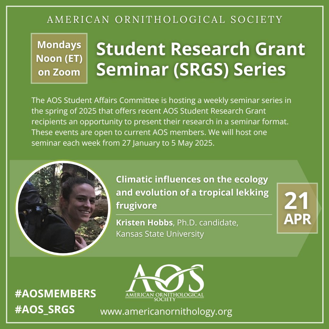 AmOrnith's tweet photo. #AOSMembers: Join us Mon, 4/21 at Noon (ET) for our next AOS Student Research Grant seminar: "Climatic influences on the ecology &amp; evolution of a tropical lekking frugivore" with Kristen Hobbs, PhD candidate at Kansas State University.
REG/INFO: https://t.co/CDPGl0A9nR
#AOS_SRGS https://t.co/cUc0r6GSkt