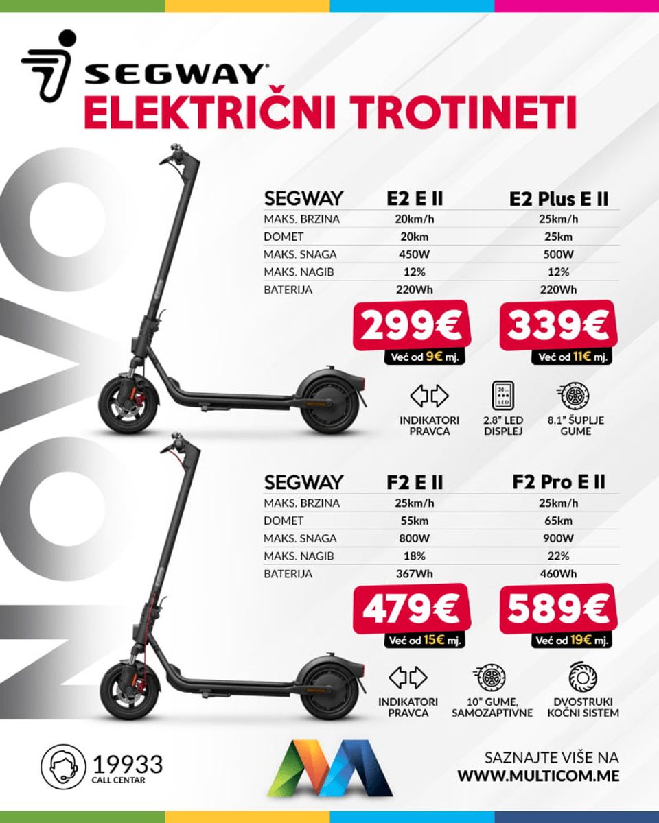 MulticomRetail's tweet image. Novi SEGWAY električni trotineti su stigli! 🛴

Nude savršen spoj brzine, pouzdanosti i praktičnosti za svakodnevno urbano kretanje

Saznajte više na našem portalu ➡️ multicom.me/aktuelno ili u našim poslovnicama

🏬 Multicom MegaCentar Podgorica: Ilije Plamenca, Zabjelo
🏬…