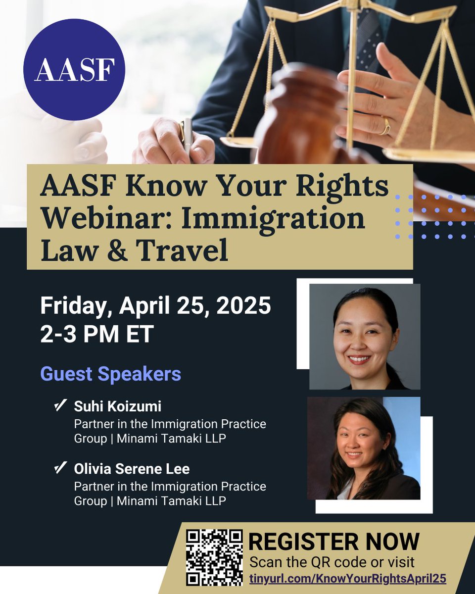 As travel warnings grow &amp; confusion mounts, AASF launches our Know Your Rights series, with our first installment focused on immigration law and travel. This 4/25 webinar will address critical topics with guest speakers Suhi Koizumi &amp; Olivia Serene Lee: tinyurl.com/KnowYourRights…