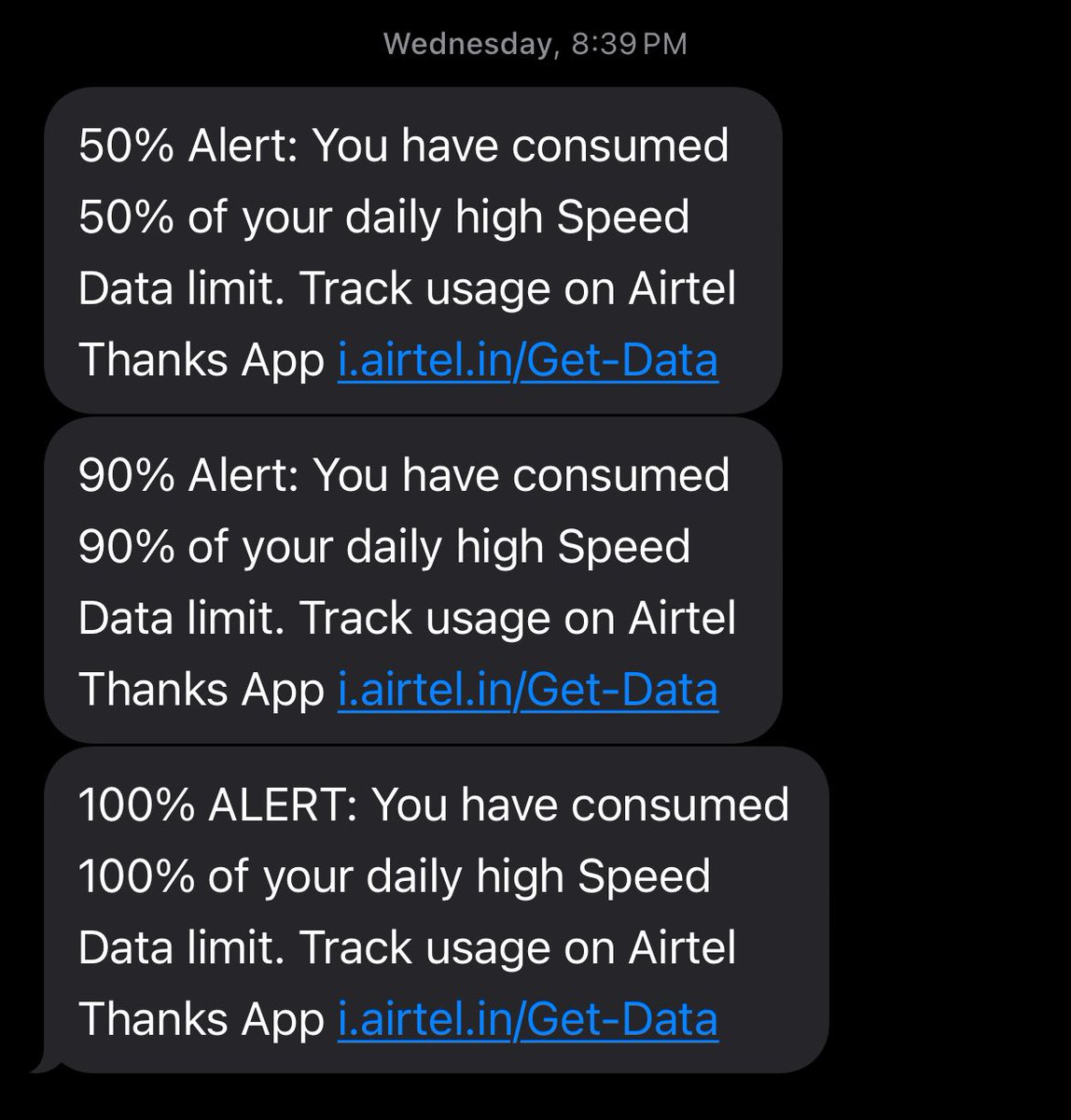 shobhitthakuria's tweet photo. This is what I received on Wednesday.  50% to 100% usage within a minute.

It is totally insane.
⁦@airtelindia⁩ ⁦@Airtel_Presence⁩ 

And m having similar experiences since last few weeks.

Looks like time to port out of airtel. https://t.co/9AtSbwYENw