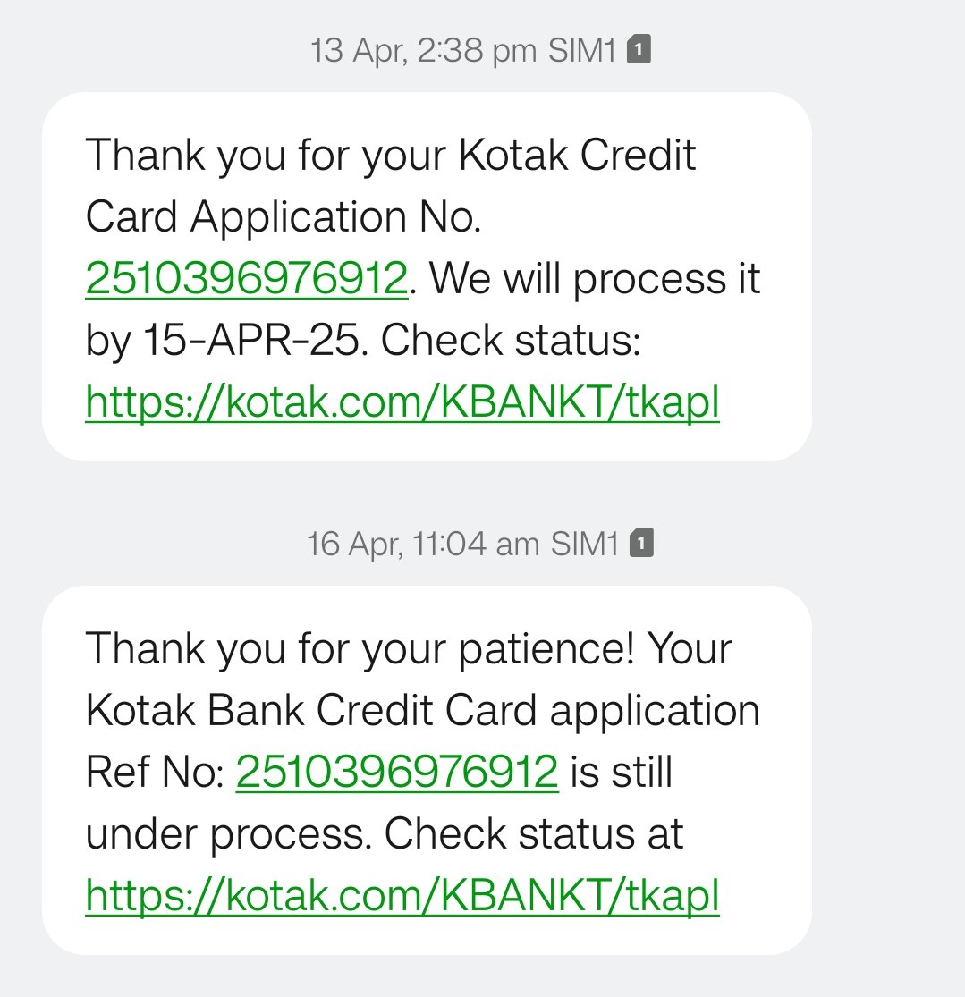 TanmayNagarkar4's tweet image. @KotakBankLtd @KotakCares I applied for the Kotak League RuPay Credit Card on 13-Apr-25 (Ref No: 2510396976912). It was supposed to be processed by 15-Apr, but the status still shows "being processed". Please help with an update. #Kotak #CreditCardApplication
