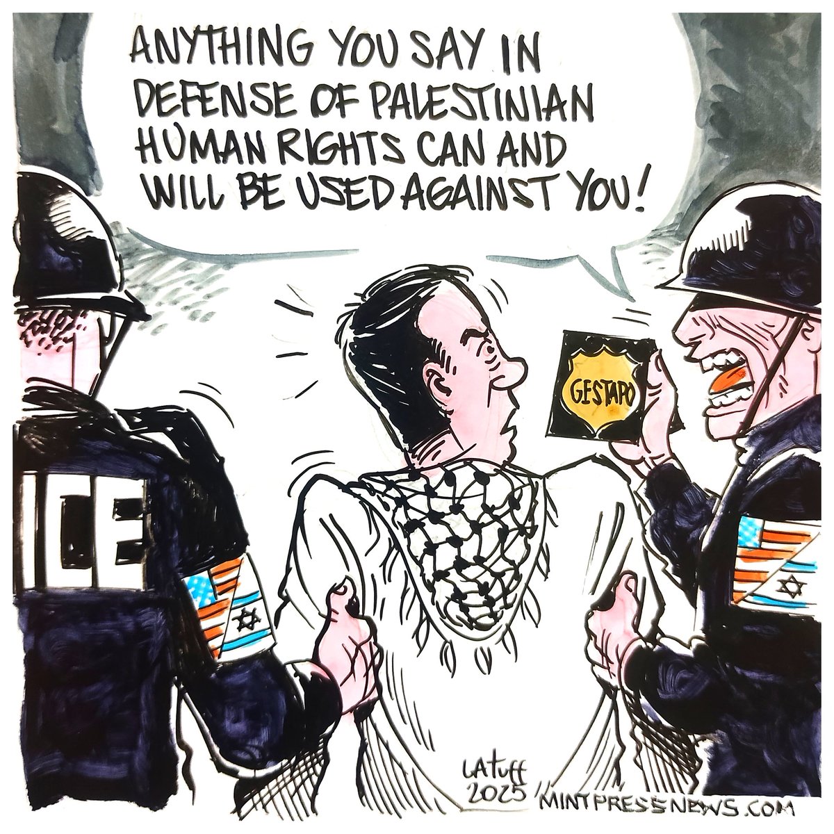 LatuffCartoons's tweet image. Reminiscent of the Nazi Gestapo, crackdown on opponents of the US-backed genocide in #Gaza led to the silencing of academic institutions and lists being formed of human rights defenders to be targeted, on top of the banning of books &amp;amp; other info from being taught.
@MintPressNews