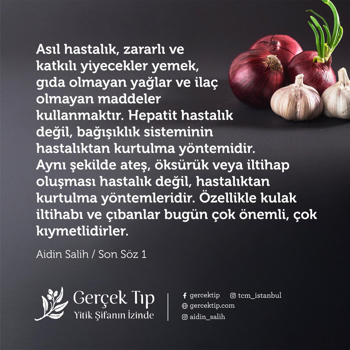 Hiçbir şeyle virüsleri öldürmek mümkün değildir. Fakat onlar soğan ve sarımsağı sevmezler. Bu yüzden soğan ve sarımsak virüsleri vücuttan uzaklaştırır.

 Aidin Salih / Son Söz 1