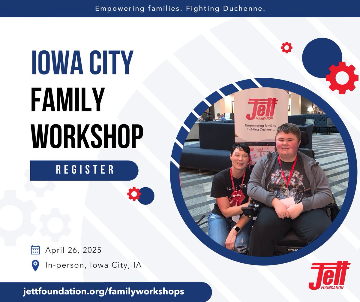 🚨 Last Call! 🚨

Join us for a Family Workshop in Iowa, where families affected by Duchenne can connect with clinicians, researchers, and community members to learn about care, resources, and support.

Register now to secure your spot: jettfoundation.org/family-worksho…