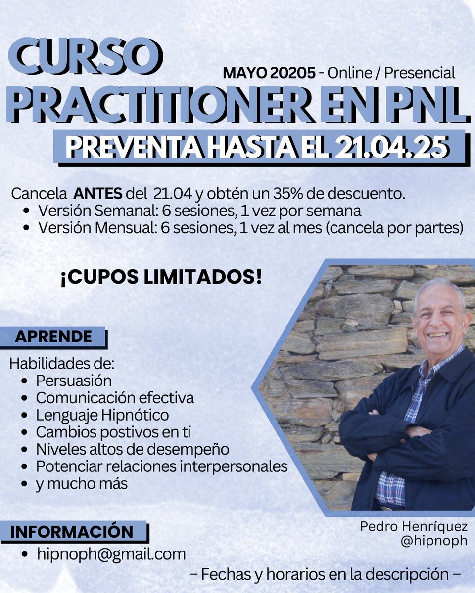 hipnoph's tweet photo. Curso Practitioner en PNL Mayo 2025

Aprende herramientas para toda la vida. 

Versión Online
- semanal
- mensual

Versión Presencial
- semanal
- mensual

PROMOCIÓN 35% de descuento cancelando antes del 21.04.25

Info hipnoph@gmail.com

#Abril #PNL #CrecimientoPersonal https://t.co/7u4KpUnMxK