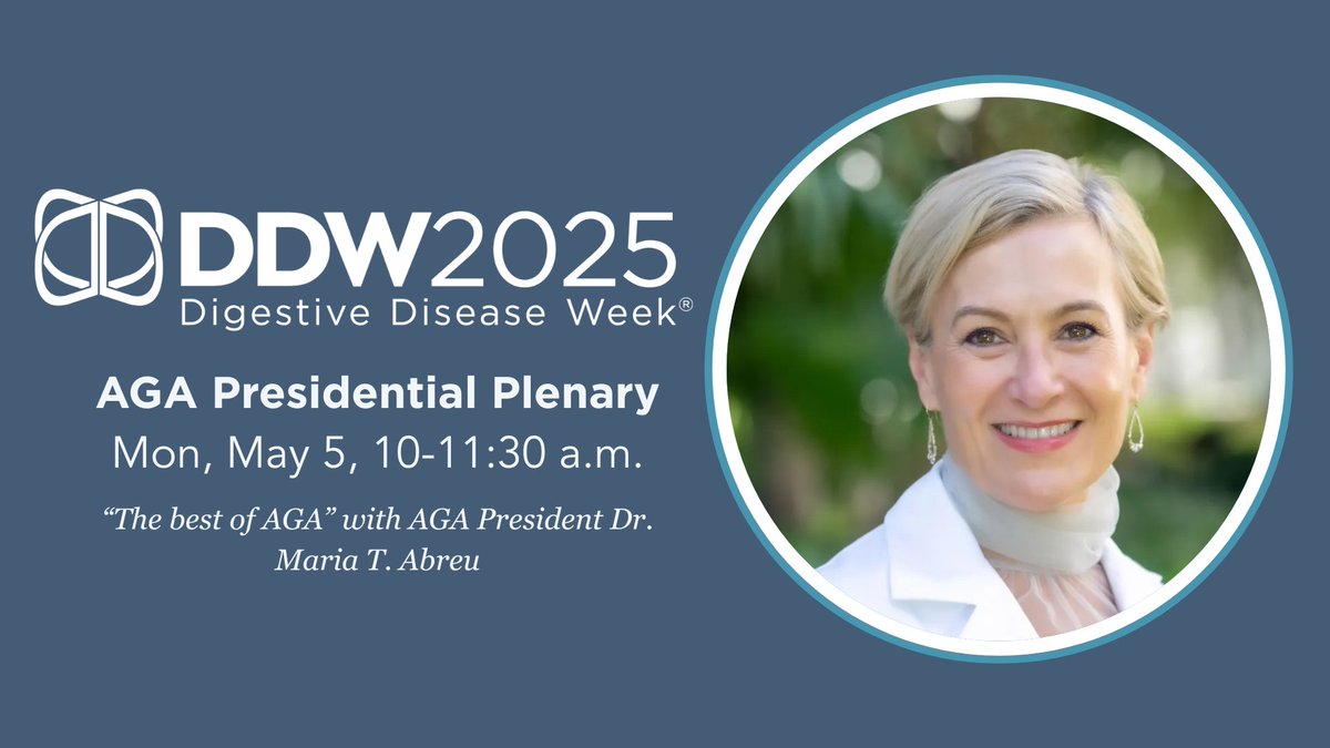 American Gastroenterological Association (AGA) (@amergastroassn) on Twitter photo Don’t miss the AGA Presidential Plenary led by <a href="/ibddocmaria/">Maria T. Abreu</a> at #DDW2025! The plenary will showcase timely, high-impact research and remarks on “Future Innovation in GI” from Praveen <a href="/suthrum/">Praveen Suthrum</a>. ow.ly/Mbpr50VE25F
📅 Monday, May 5, 10 a.m.
📍 Room 20CD Don’t miss the AGA Presidential Plenary led by <a href="/ibddocmaria/">Maria T. Abreu</a> at #DDW2025! The plenary will showcase timely, high-impact research and remarks on “Future Innovation in GI” from Praveen <a href="/suthrum/">Praveen Suthrum</a>. ow.ly/Mbpr50VE25F
📅 Monday, May 5, 10 a.m.
📍 Room 20CD