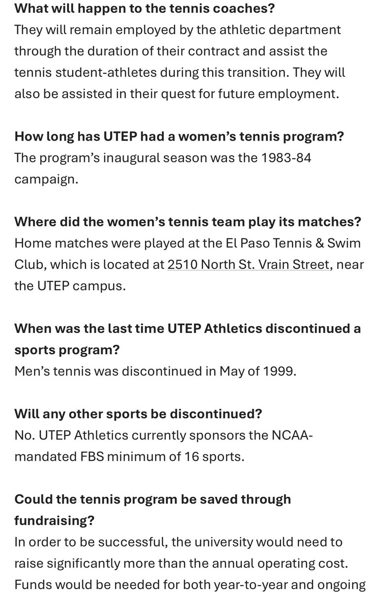 AdrianBroaddus's tweet photo. News: UTEP women’s tennis program is being discontinued effective immediately, 
Director of Athletics Jim Senter announced via a press release. 

UTEP athletics wrote in a release today: “As college athletics continues to undergo unprecedented change, the decision will enable UTEP to allocate additional resources to its remaining 16 sports programs, ensuring their long-term viability.”

Here are the FAQs they posted. @600espnelpaso