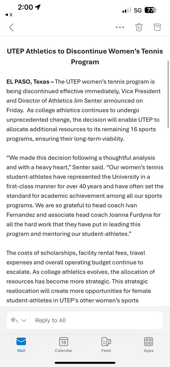 AdrianBroaddus's tweet photo. News: UTEP women’s tennis program is being discontinued effective immediately, 
Director of Athletics Jim Senter announced via a press release. 

UTEP athletics wrote in a release today: “As college athletics continues to undergo unprecedented change, the decision will enable UTEP to allocate additional resources to its remaining 16 sports programs, ensuring their long-term viability.”

Here are the FAQs they posted. @600espnelpaso
