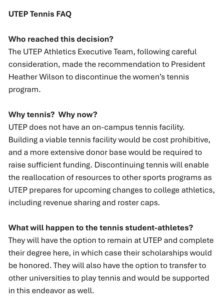 AdrianBroaddus's tweet photo. News: UTEP women’s tennis program is being discontinued effective immediately, 
Director of Athletics Jim Senter announced via a press release. 

UTEP athletics wrote in a release today: “As college athletics continues to undergo unprecedented change, the decision will enable UTEP to allocate additional resources to its remaining 16 sports programs, ensuring their long-term viability.”

Here are the FAQs they posted. @600espnelpaso