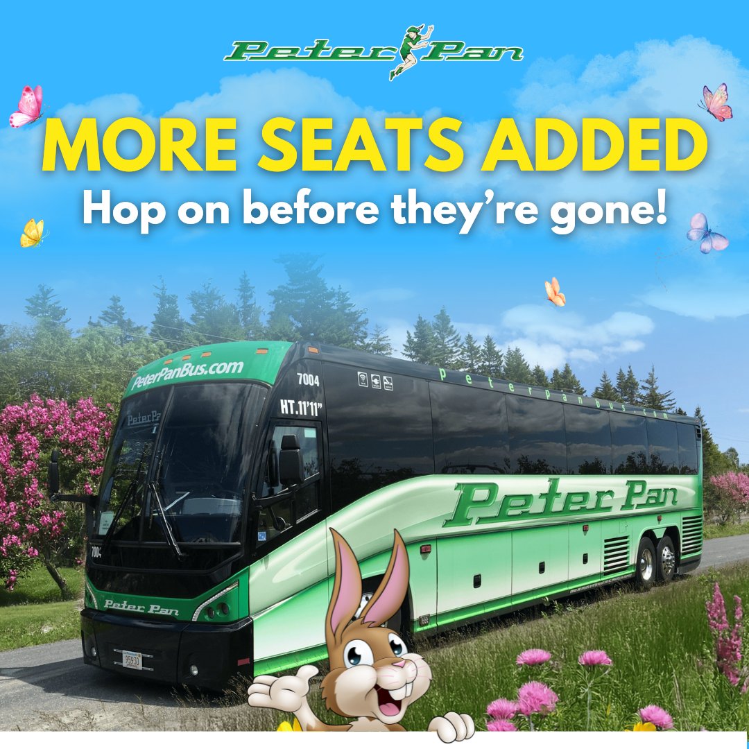 🐰 Easter is just days away—more seats have been added, but they’re filling up fast! 🌸
Book NOW before they’re gone! Whether you’re visiting family or escaping for a spring break, Peter Pan is ready to get you there. Hop on board today at peterpanbus.me/42DcGlA 🚍