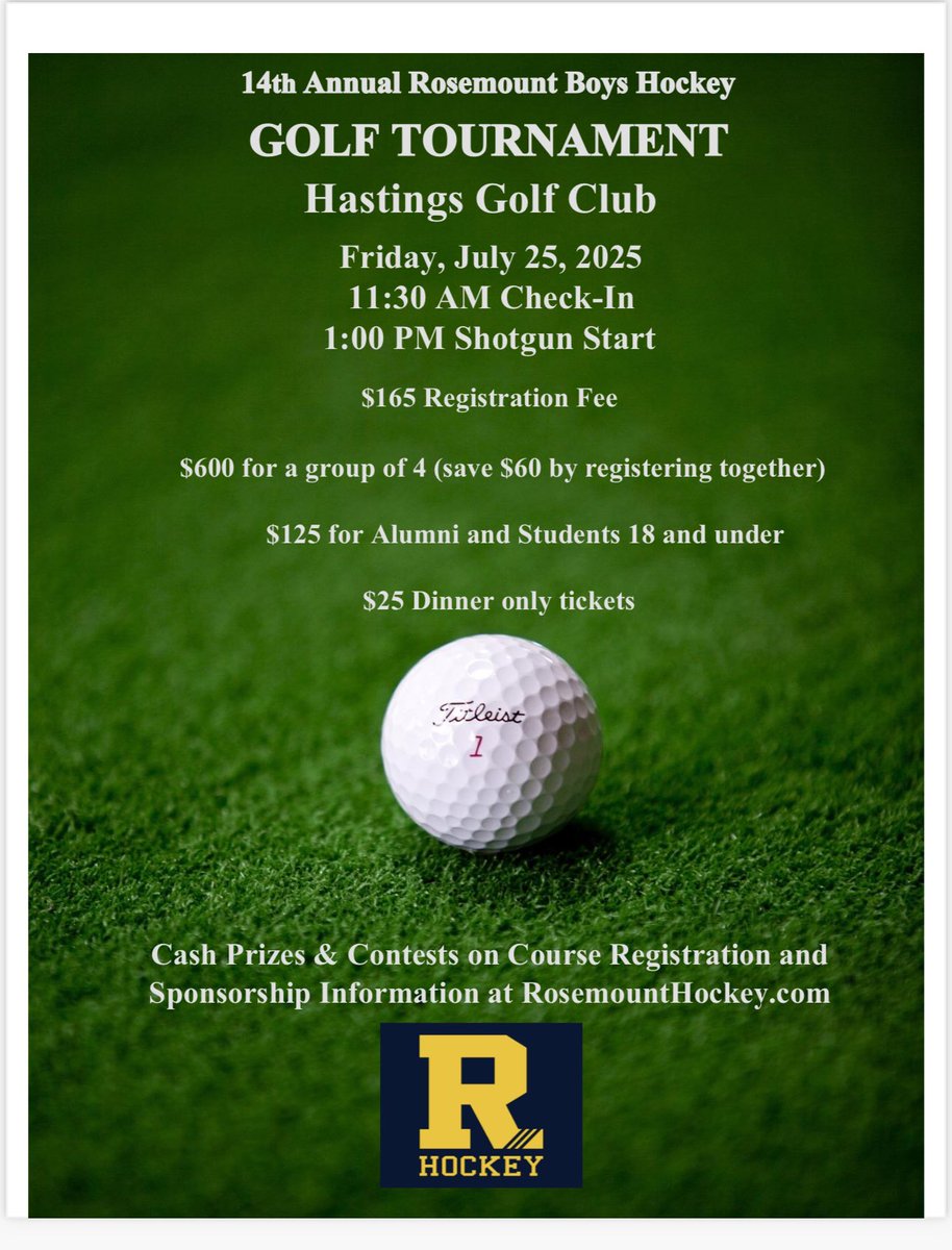 Rosemount High School Boys Hockey Team will be holding our 14th Annual Boys Hockey Golf Tournament!
📅 Date: Friday, July 25th 2025
📍 Location: Hastings Golf Club
🕘 Tee Time: 1:00 pm
🎟️ Sign up now 👉 rosemounthockey.com/page/show/3597…
📢 Tag your golf buddies and spread the word!