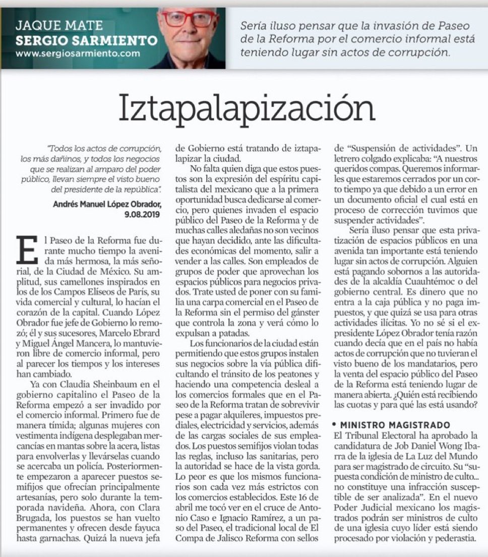 Oiga ⁦<a href="/ClaraBrugadaM/">Clara Brugada Molina</a>⁩ ¿por qué está convirtiendo el Paseo de la Reforma en un gran tianguis?

Además, sabemos que hay corrupción de por medio porque no de “a gratis”, ¿quién se está enriqueciendo por cobrar derecho de piso y hacer horrenda la CDMX?

#NoALaIztapalizacion