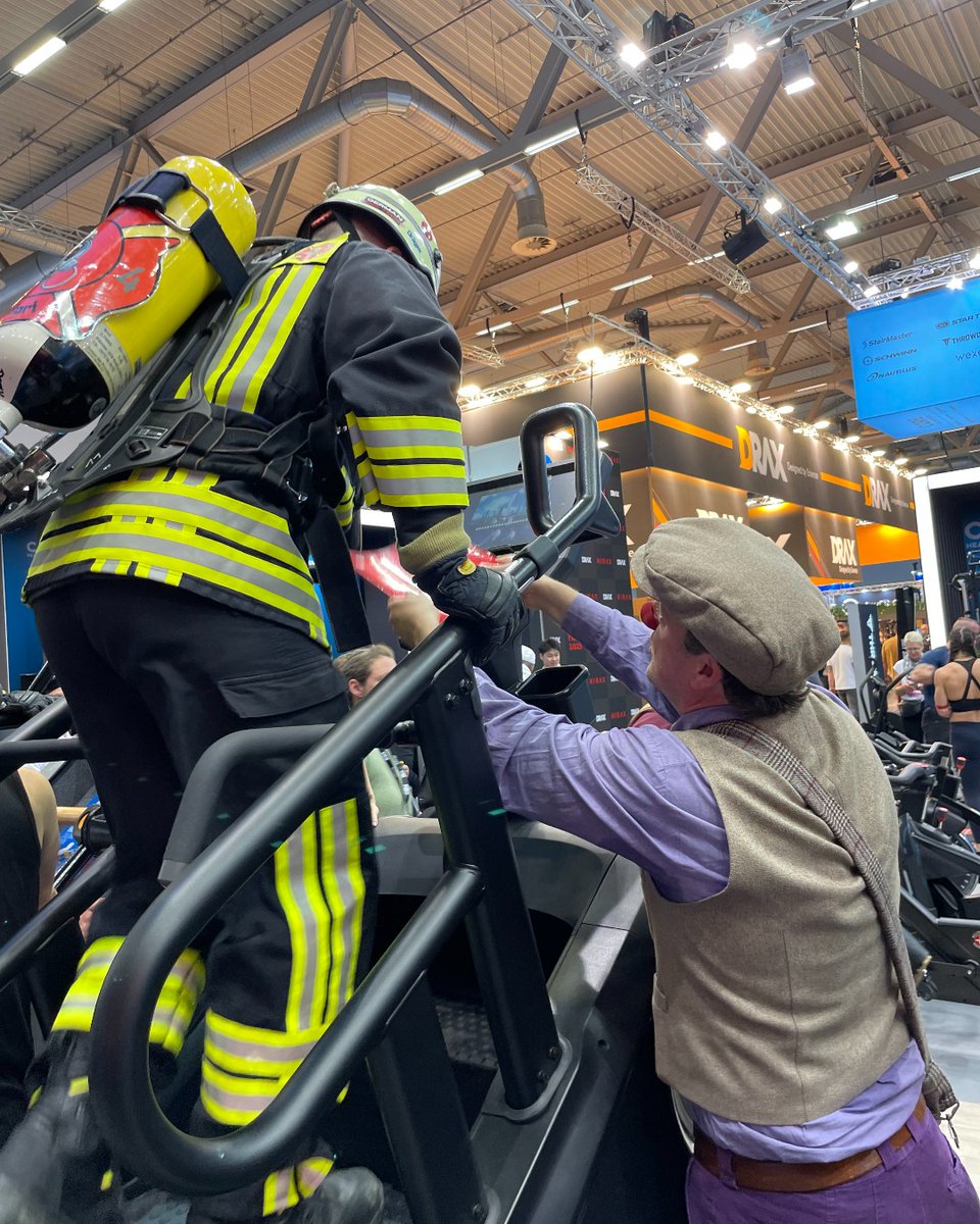 JLexercise's tweet photo. On Saturday, April 12, the FIBO floor turned electric as our firefighter heroes stepped up for something bigger than themselves – 90 minutes of nonstop effort on the StairMaster and Jacobs Ladder, in full gear, all for charity. 🔥👨‍🚒 https://t.co/R56NcZEzk0