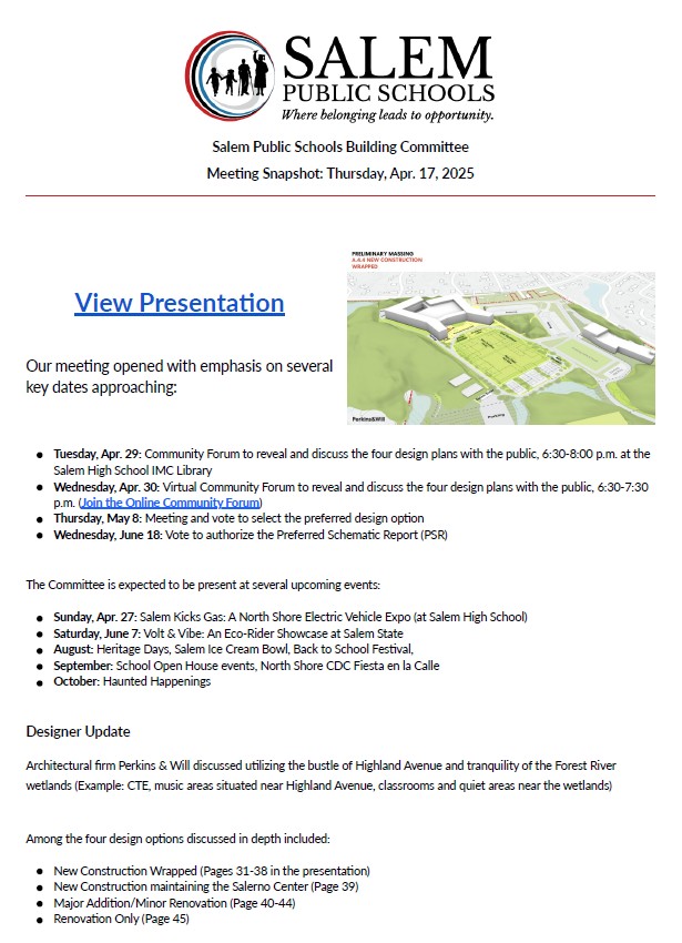 VIEW: Snapshot of last night's Salem Building Committee meeting. The SBC will host two Community Forums on the plans for a new <a href="/_SalemHigh_/">Salem High School</a> : 
-Apr. 29 (6:30-8), SHS Library
-Apr. 30 (6:30-7:30pm) via Zoom (View SBC Website for link): sites.google.com/salemk12.org/s…
<a href="/CityofSalemMA/">City of Salem MA</a>