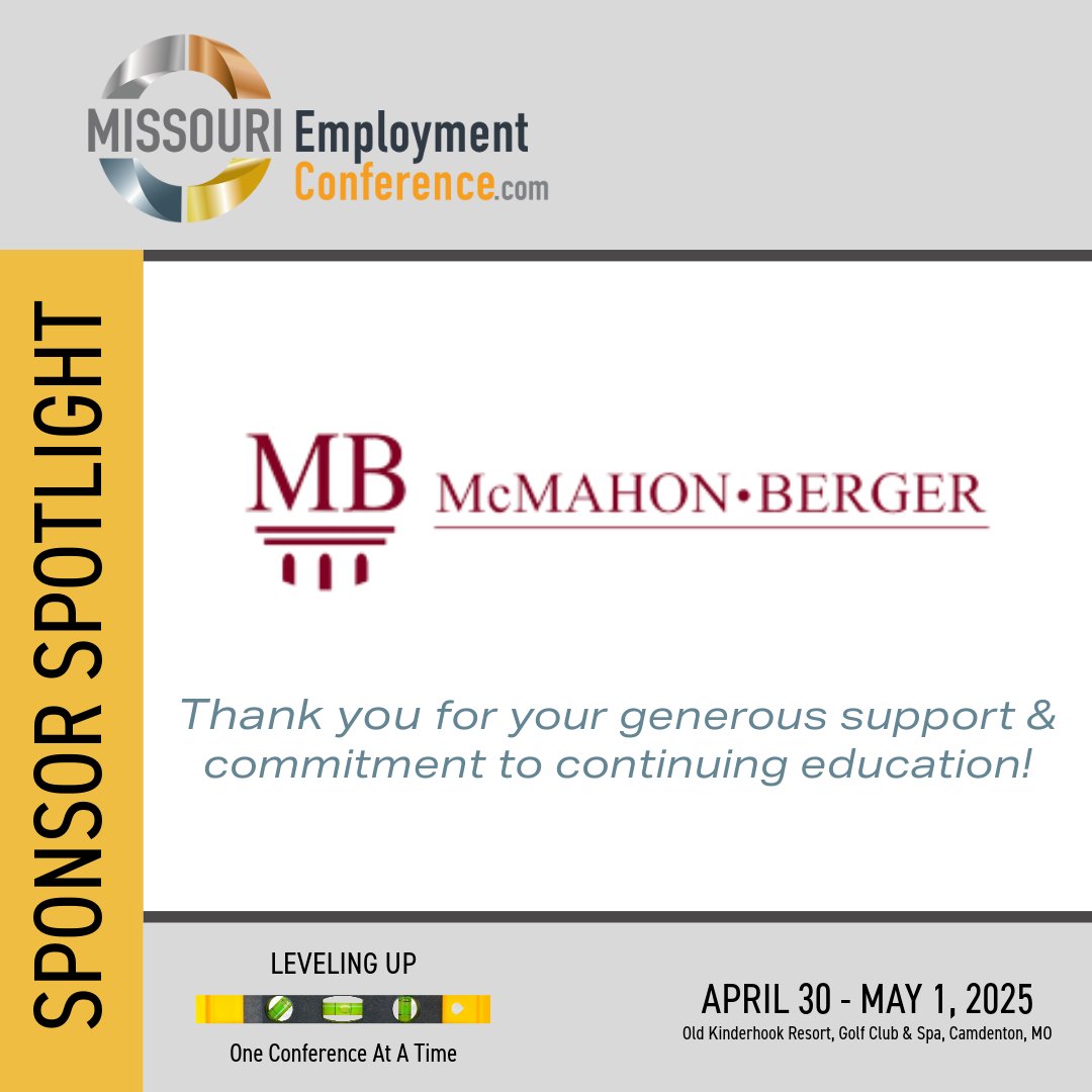 Thank you to #MEC2025 sponsor, <a href="/mcmahonbergerpc/">McMahon Berger</a>!

Visit with sponsors here: conta.cc/3v9SZCN

Register here: conta.cc/3QbrWk0

#professionaldevelopment

#mentalwellness

#employmentlaw

#employeebenefits

#humanresources