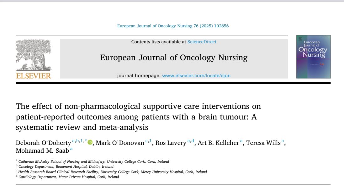 My first publication 😊
New systematic review in the ‘European Journal of Oncology Nursing’ which reports on how tailored supportive care interventions, may benefit patients with a brain tumour physically, psychologically and cognitively.

kwnsfk27.r.eu-west-1.awstrack.me/L0/https:%2F%2…
