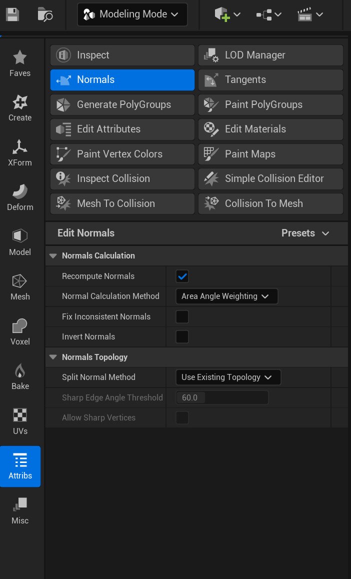 alytle3D's tweet photo. Small trick I came across in Unreal today; if you use UE5's modeling tools on an existing mesh asset (Lattice Deform in my case), and the lighting is broken as a result, check your normals in the visualizer. If they're broken, go to Attribs > Normals, and run Recompute Normals. https://t.co/vwjhHLOqVV