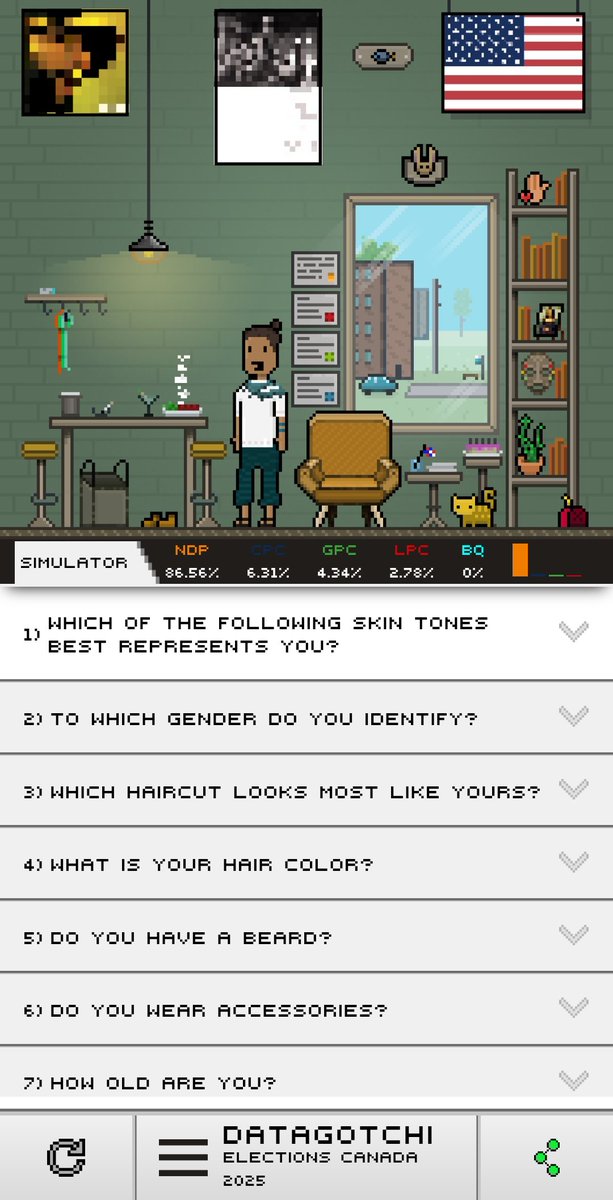 jamstarX's tweet photo. Check out my Datagotchi!
Im Not a canadian or eligible to vote there but still pretty cool!
I like how the items in the room change based on your answers too.
@DATAGOTCHI_en
#pixelart
https://t.co/GVbdQSxAPv #Datagotchi https://t.co/8NV8Z7IGmb