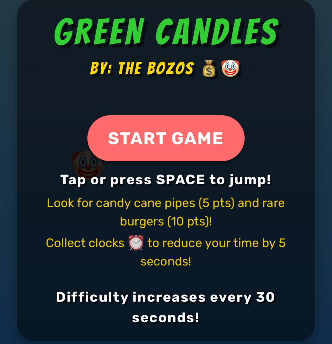 DreamQc's tweet image. Did you try our new minigame ?

Highest score posted in @FFTBcro discord after a month will get a bag of $TFC 💰🤡🍔

Jump, survive. &amp;amp; collect burgers along the way, with 10 difficulty levels &amp;amp; other bonuses ⏰

bozosgames.my.canva.site/green-candles
