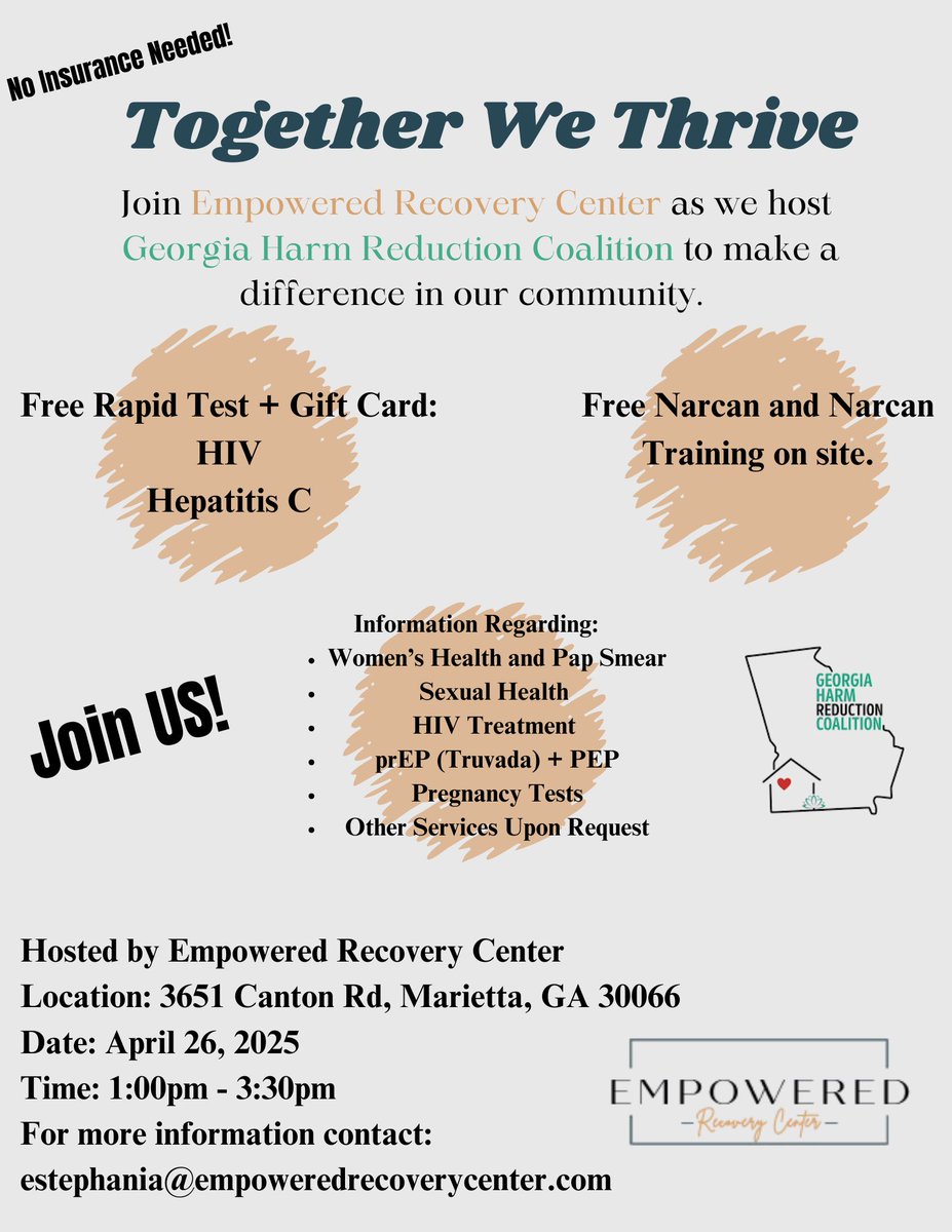 EmpoweredR's tweet photo. Don’t miss out this great event!

#SobrietyJourney #SupportEachOther #NewBeginnings #SoberLife  #FreeEvent #Free #HarmReduction #HIVTesting #FreeHealthScreenings #Recovery #atlanta #marietta #kennesaw #roswell #woodstock #alpharetta #Smyrna #cobb #selfcare #EmpoweredRecovery https://t.co/yVUJHUbSTh