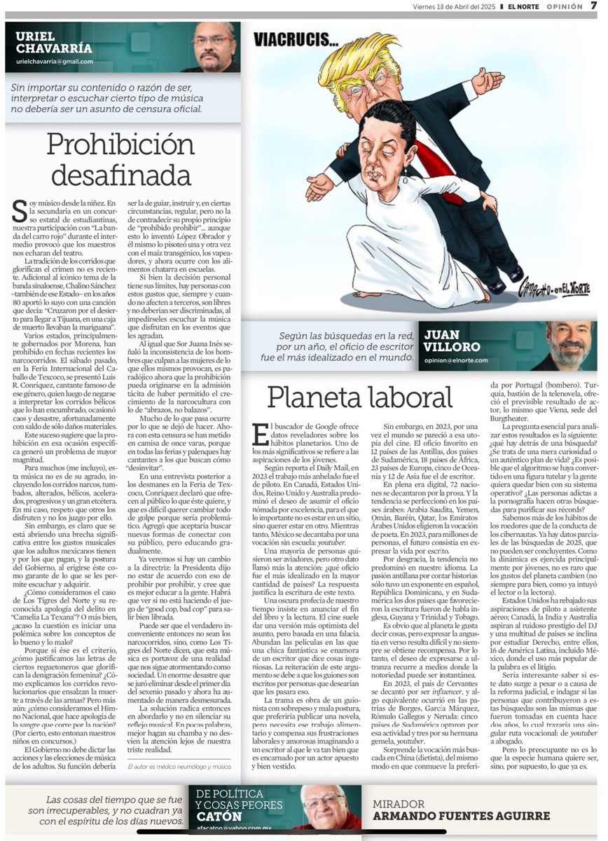 Hola, en Viernes Santo les comparto mi editorial. Estoy contento porque es la primer vez que escribo de un tema que no tiene que ver con Salud y creo que sí me gustó. Un gran honor y humildad aparecer en página al lado de dos grandes que admiro demasiado, Juan Villoro y Catón.