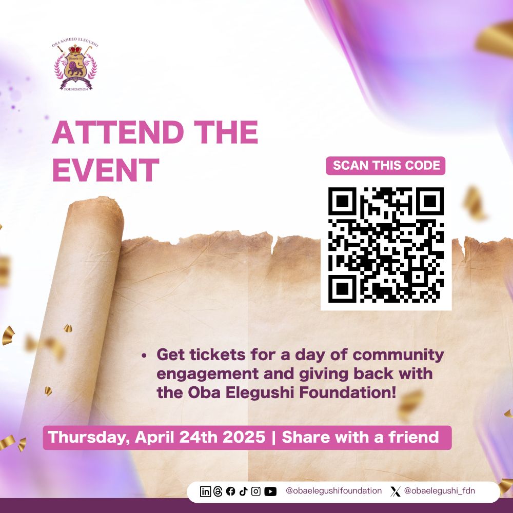 ObaElegushi_fdn's tweet photo. Join us for the Oba Elegushi Foundation Empowerment Ceremony on April 24th!
🎁 Bonus: All attendees get ₦10,000 transport fare on the day!
Register now 👉 https://t.co/YKlrqX7fX9
#OSEFoundation #ElegushiEmpowers #OSAEEI2025 https://t.co/p1LryGEM9z