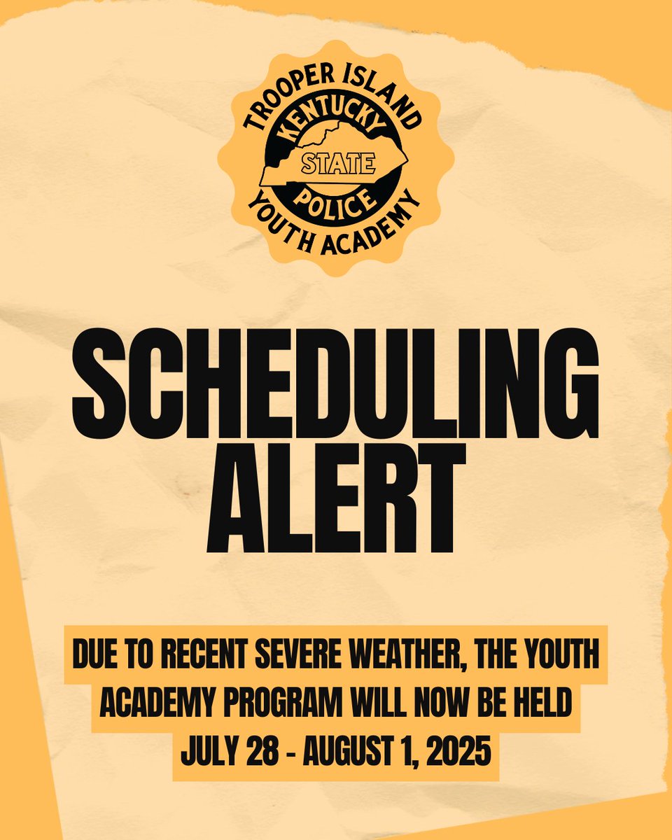 Trooper Island Camp (@trooperisland) on Twitter photo 📣 Youth Academy Program Scheduling Alert 📣
Due to recent severe storms, many schools are changing their academic calendars. As a result, we’ve adjusted the 2025 Youth Academy Program dates to July 28-August 1. #YouthAcademyProgram <a href="/kystatepolice/">KY State Police</a> 📣 Youth Academy Program Scheduling Alert 📣
Due to recent severe storms, many schools are changing their academic calendars. As a result, we’ve adjusted the 2025 Youth Academy Program dates to July 28-August 1. #YouthAcademyProgram <a href="/kystatepolice/">KY State Police</a>