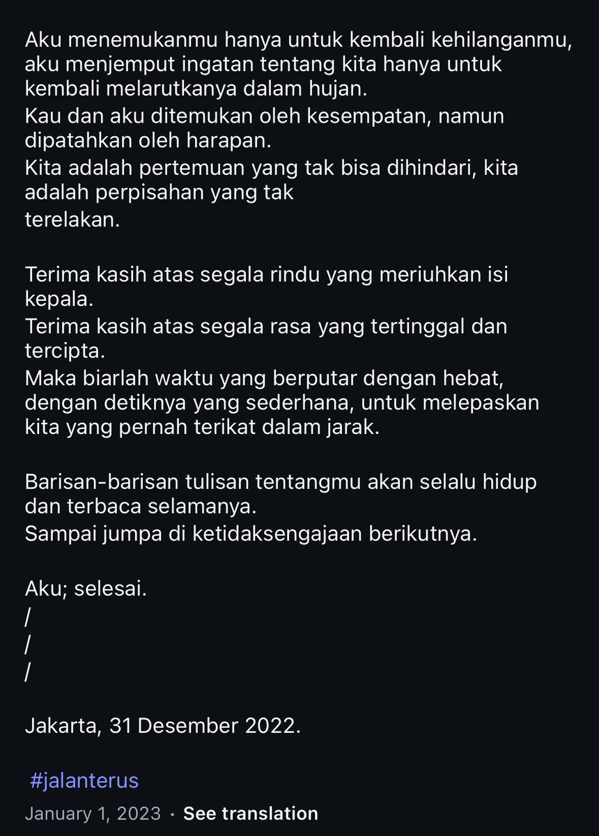 🪴 (@tinyflowerseed) on Twitter photo bait-bait kata yang kutulis pada suatu malam di sekitar 3 tahun lalu, pagi hari ini terasa semakin nyata, lebih nyata.
selesai, untuk yang terakhir.
now playing <a href="/teddyadhitya/">Teddy Adhitya</a> - Why Would I Be🤍 bait-bait kata yang kutulis pada suatu malam di sekitar 3 tahun lalu, pagi hari ini terasa semakin nyata, lebih nyata.
selesai, untuk yang terakhir.
now playing <a href="/teddyadhitya/">Teddy Adhitya</a> - Why Would I Be🤍