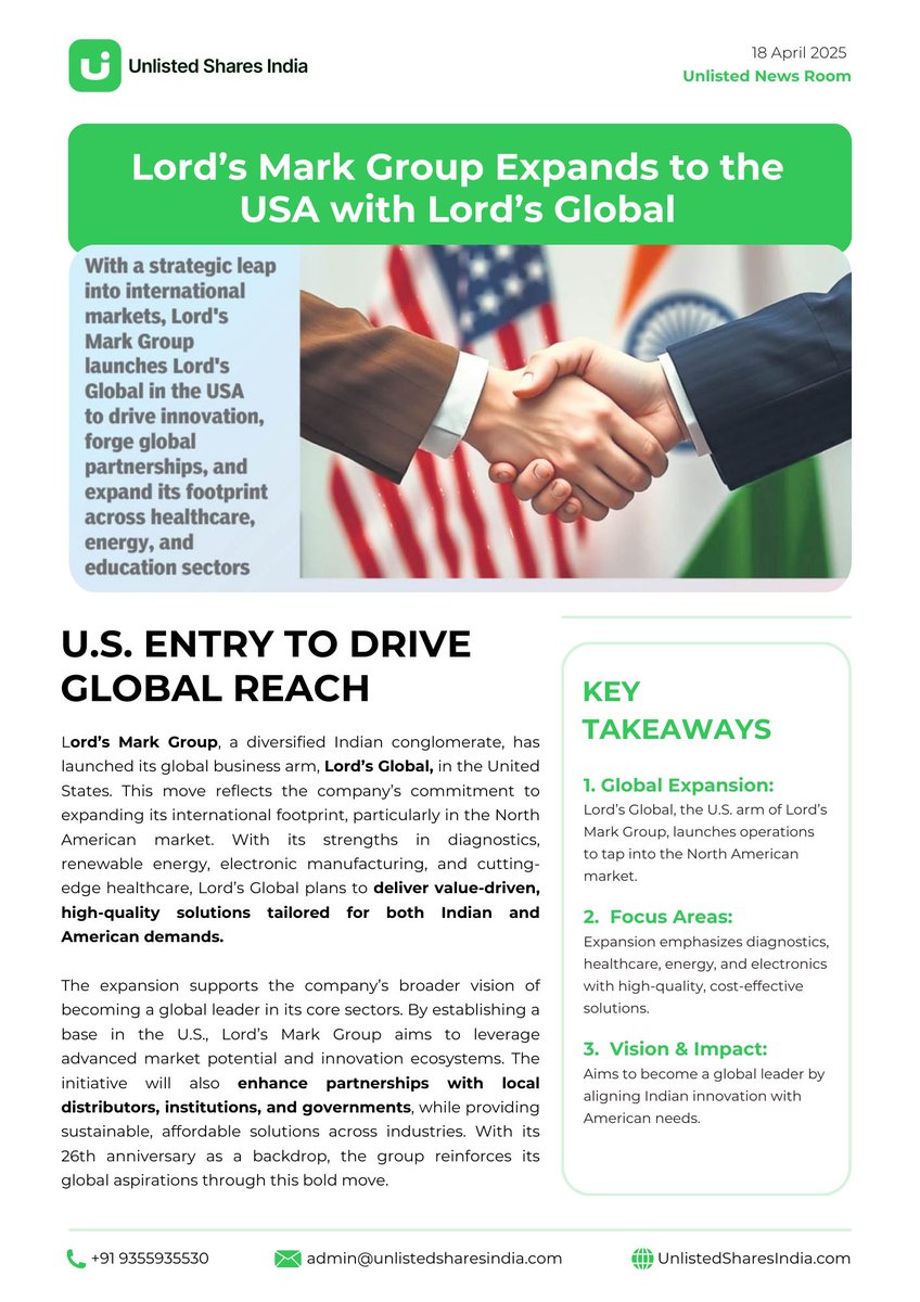 UnlistedShareHQ's tweet photo. Lord's Mark Group Expands to the USA with Lord's Global!
πTo know more, Visit: https://t.co/jnI4aXw3PL
#LordsMark #UnlistedShares #StockMarketIndia #PreIPO #IPO #News #ShareMarket