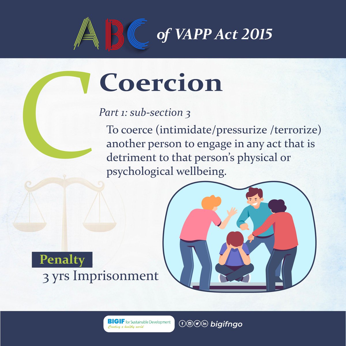 BigifNGO's tweet photo. ABC of VAPP Act ⚖

C is for Coercion

Stay with us as we walk you through the ABC of the VAPP Act, because knowing your rights is the first step to claiming them. 

#VAPP #ABCofVAPP #GBVAwareness #DidYouKnow #knowyourrights #speakup
@unwomenng 
@unicef_nigeria 
@undpnigeria https://t.co/w7S1ZkiNqO