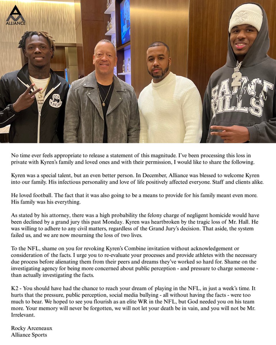 Statement from Rocky Arceneaux, who represented Kyren Lacy: