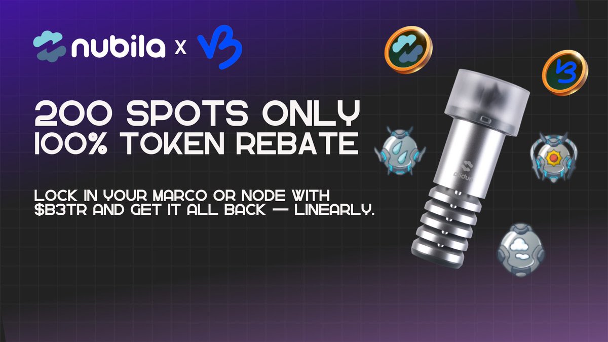 We’re diving even deeper into the <a href="/vechainofficial/">VeChain</a> ecosystem.

Buy a @NubilaNetwork Marco or Node with $B3TR — and get 100% of your tokens back 👀

Limited spots. No Reruns.
Move fast before it runs out at Nubila.Network