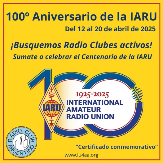 🎉 Festejemos juntos el Día Mundial del Radioaficionado y los 100 años de la IARU, compartiendo nuestra pasión por la radio. #Certificado
📜 Reglas: lu4aa.org/wp/iaru-100 #LQ4D