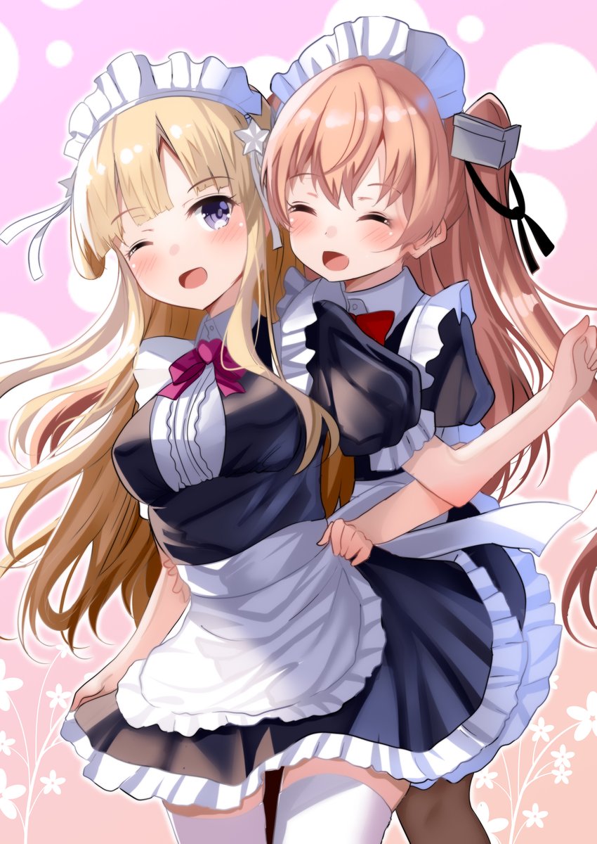 フレッチャー(艦これ) ,ジョンストン(艦これ) 「#これを見た人は笑顔が人を幸せにする画像を貼ってメイドフレッチャーとメイドジョン」|火村 モリタカ＠/5月COMITIA144（B51a)/その次は神戸かわさき10のイラスト