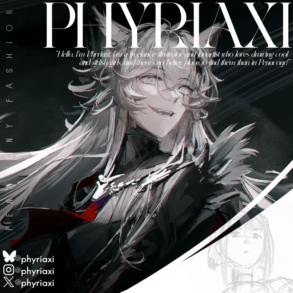 ✨ CONTRIBUTOR SPOTLIGHT ✨

"Hello, I'm Phyriaxi. I'm a freelance illustrator and fanartist who loves drawing cool and stylish girls, and there's no better place to find them than in Penacony!"

Let's welcome our Main Zine Artist, <a href="/Phyriaxi/">phyriaxi</a>!

#hsr #honkaistarrail