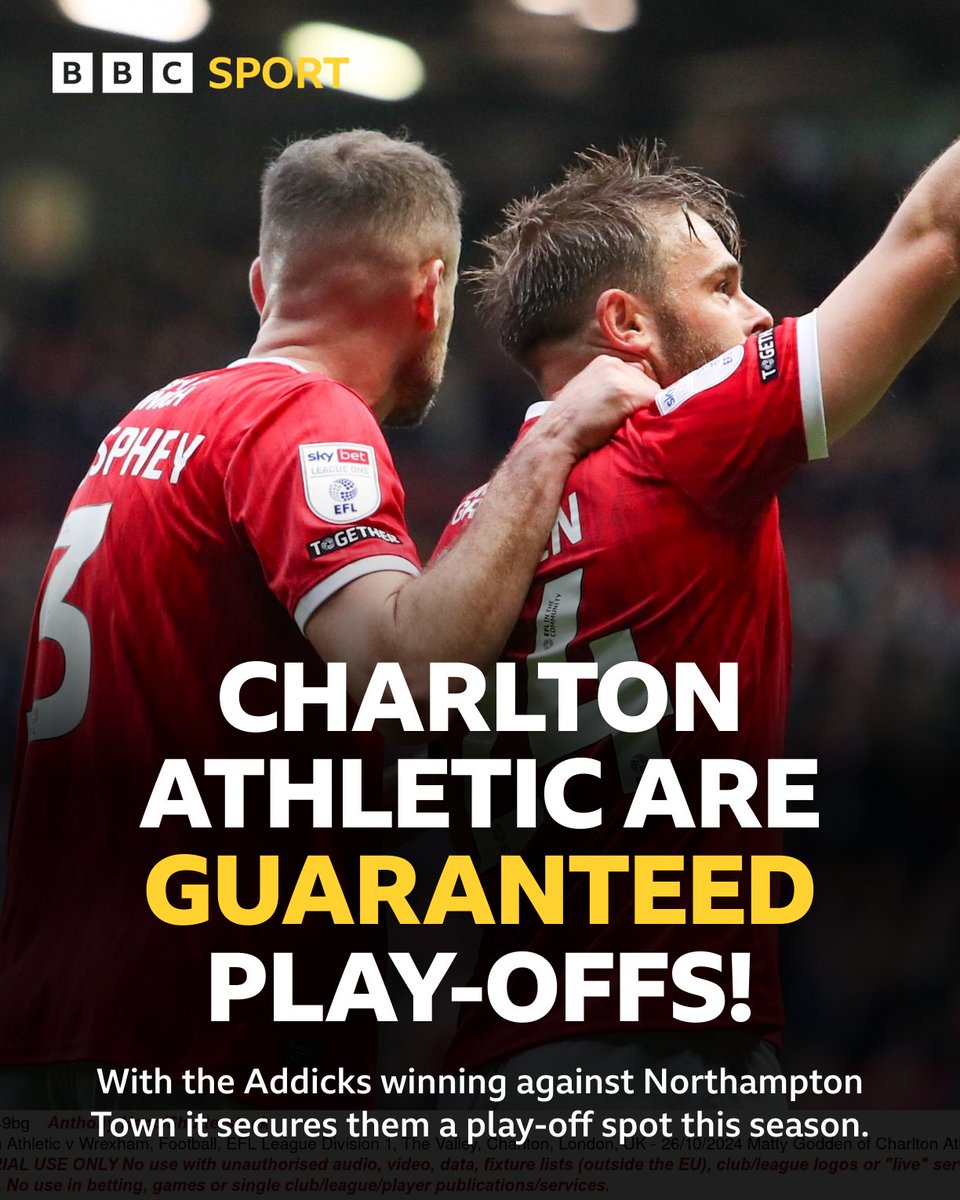 BBCLondonSport's tweet photo. 🚨 PLAY-OFF'S SECURED FOR THE ADDICKS! 🔥

Charlton Athletic beat Northampton Town to guarantee them a chance at promotion this season 📈

#BBCFootball #CAFC https://t.co/Hg4mEIKo7x