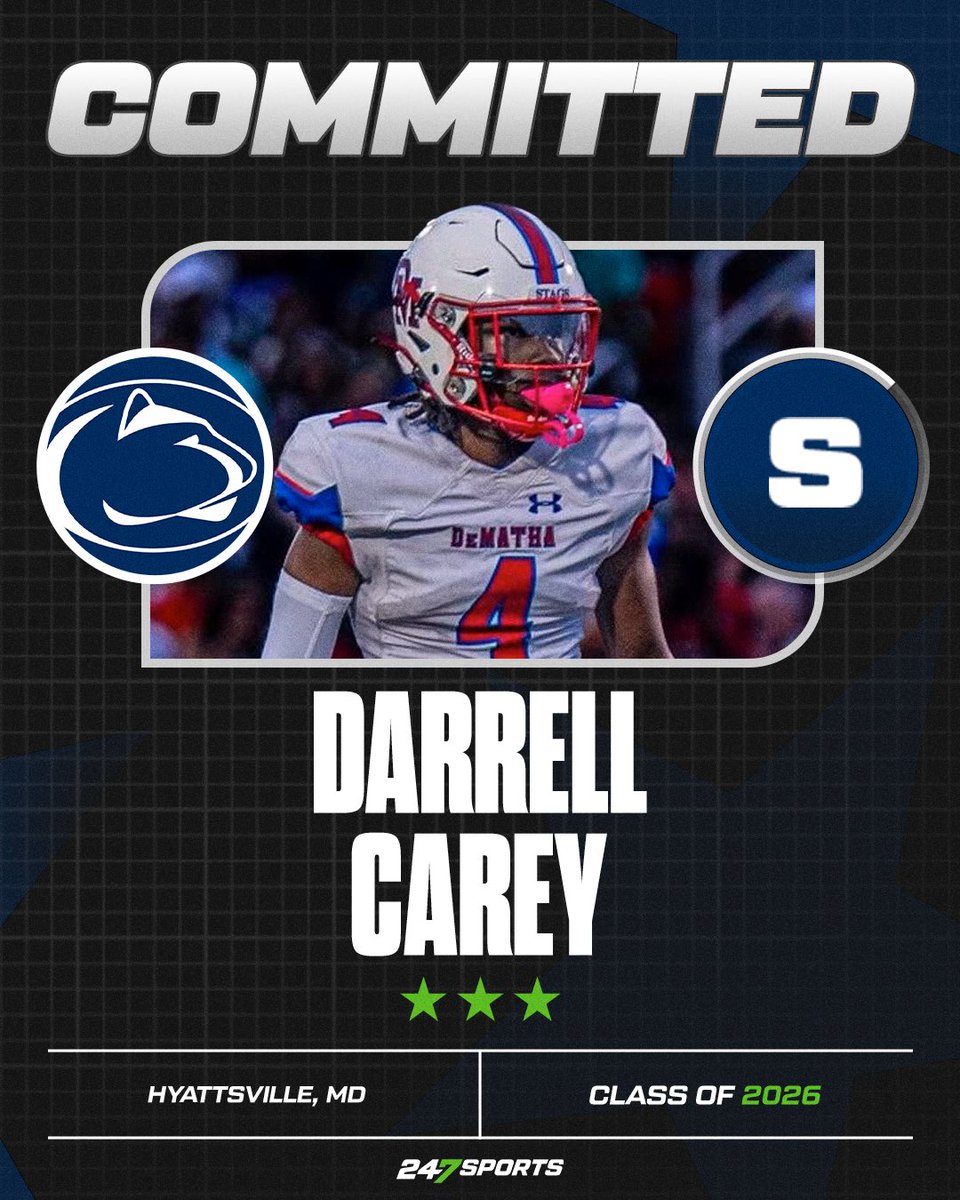 Tyler Calvaruso (@tyler_calvaruso) on Twitter photo BREAKING: Standout Hyattsville (Md.) DeMatha Catholic safety Darrell Carey has committed to Penn State.
Carey picked the Nittany Lions over Maryland, Oregon, South Carolina and Texas A&M.
Story from <a href="/BrianDohn247/">BrianDohn247</a> including quotes from Carey: 247sports.com/college/penn-s… BREAKING: Standout Hyattsville (Md.) DeMatha Catholic safety Darrell Carey has committed to Penn State.
Carey picked the Nittany Lions over Maryland, Oregon, South Carolina and Texas A&M.
Story from <a href="/BrianDohn247/">BrianDohn247</a> including quotes from Carey: 247sports.com/college/penn-s…