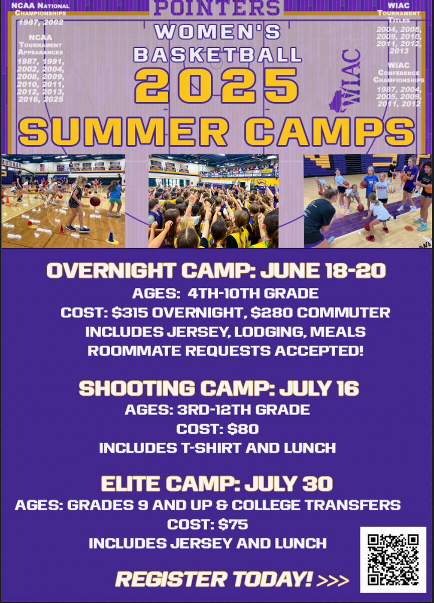 UWSPWBB's tweet photo. 🚨 2025 SUMMER CAMP ALERT 🚨
2️⃣ Months 🗓️ from TODAY our gyms will be jammed with #FuturePointers ⛹️♀️‼️
Spots are filling fast; Sign up soon ⬇️…
Registration 📝 remains open & can be accessed via the link below or QR code: https://t.co/0pDUr5ikvk
💜 #Pointers 💛 #JUICE 🧃 https://t.co/0hwv9URqEW